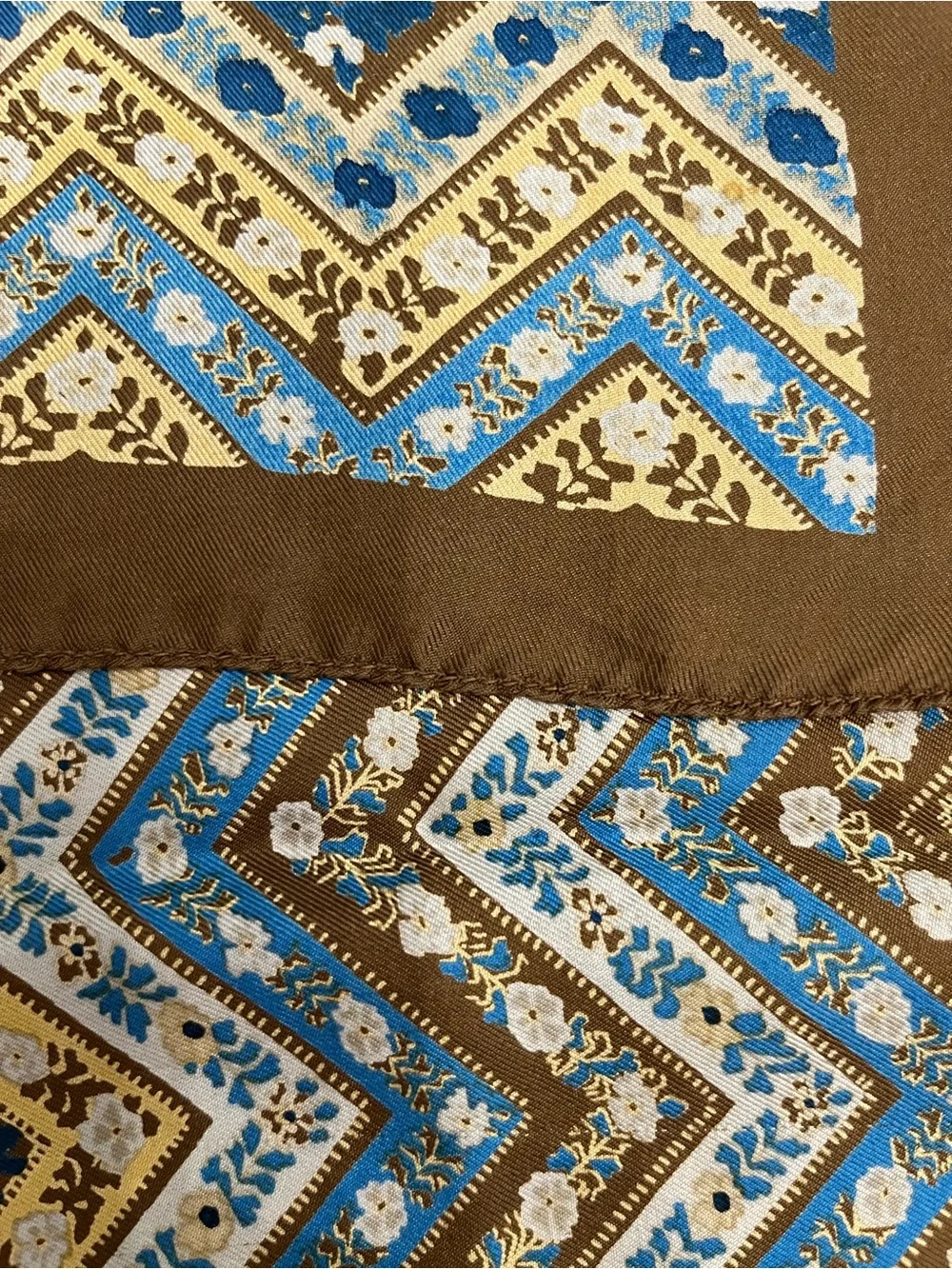 Vintage Liberty of London Blue, Brown and Cream Floral, Geometric Silk Scarf - Picture 5 of 5